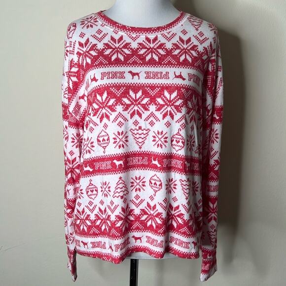 PINK Victoria’s Secret Red and White Christmas Print Sweatshirt - Picture 1 of 7